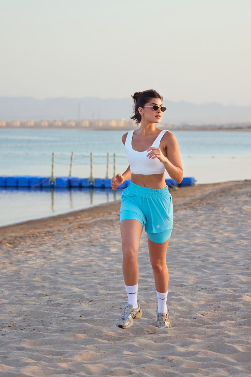 Runner in a blue shorts set